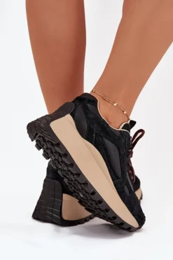 Damskie Big Star Shoes Skórzane Sneakersy Na Platformie Damskie Big Star SS274628 HI-POLY SYSTEM Czarne