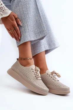 Damskie Damskie buty S.Barski Skórzane Sneakersy Na Platformie S.Barski LR278 Beżowe