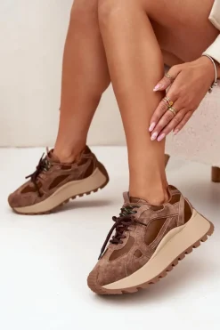 Big Star Shoes Buty Sportowe Big Star|Sneakersy Damskie*Skórzane Sneakersy Na Platformie Damskie Big Star SS274626 HI-POLY SYSTEM Camel