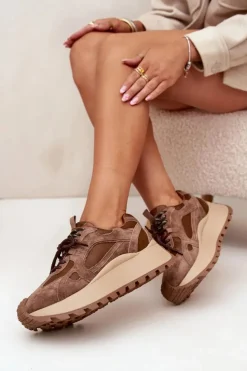 Big Star Shoes Buty Sportowe Big Star|Sneakersy Damskie*Skórzane Sneakersy Na Platformie Damskie Big Star SS274626 HI-POLY SYSTEM Camel