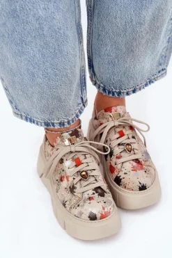 Sale Maciejka Skórzane Sneakersy Na Platformie 06891-18 Beżowe