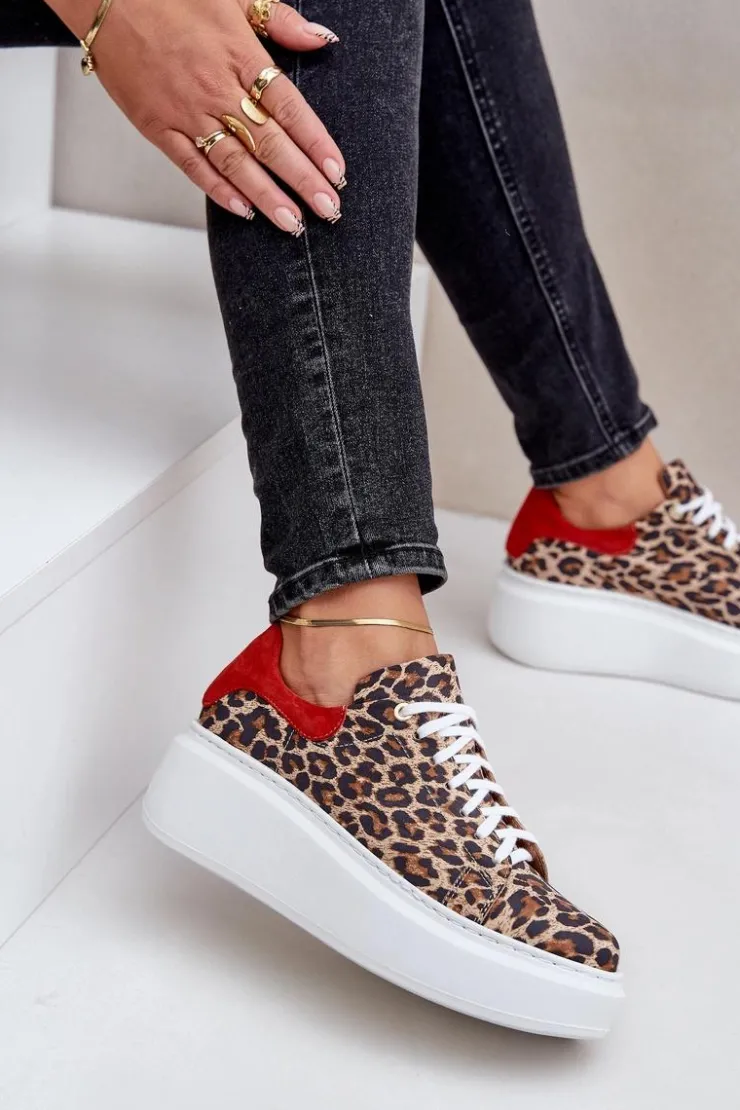Damskie Zazoo Skórzane Sneakersy Na Platformie W Panterkę 3346 Brązowo-Czerwone
