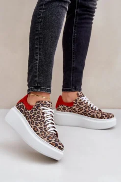 Damskie Zazoo Skórzane Sneakersy Na Platformie W Panterkę 3346 Brązowo-Czerwone