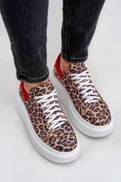 Damskie Zazoo Skórzane Sneakersy Na Platformie W Panterkę 3346 Brązowo-Czerwone