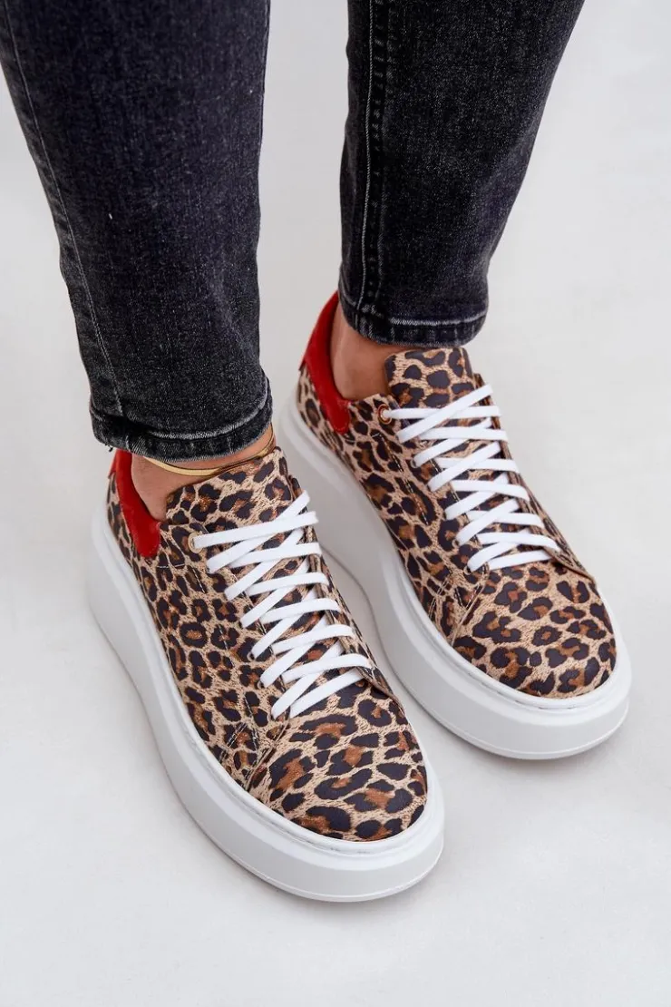 Damskie Zazoo Skórzane Sneakersy Na Platformie W Panterkę 3346 Brązowo-Czerwone