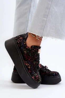 Maciejka Buty Sportowe Na Platformie*Skórzane Sneakersy Na Platformie 6191S-01 Czarne
