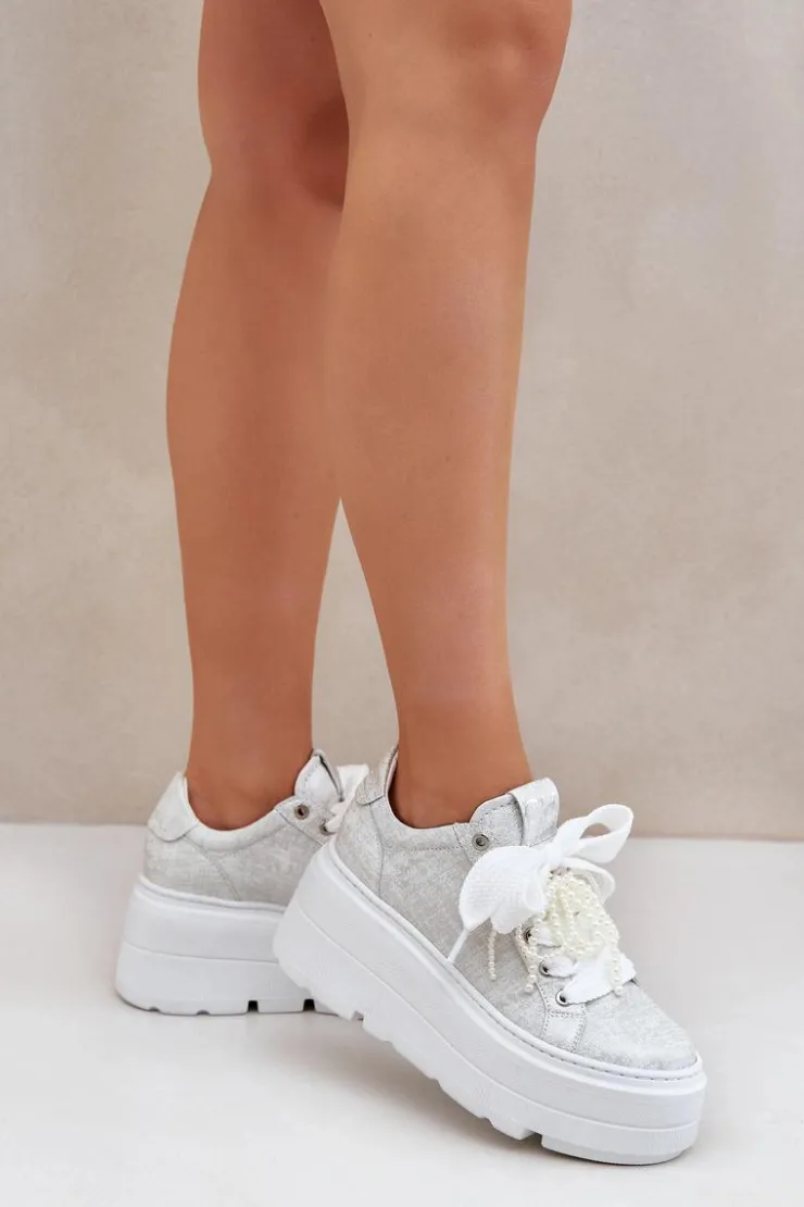Damskie CheBello Skórzane Sneakersy Na Platformie 4658 Srebrne