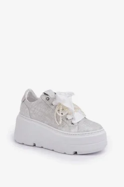 Damskie CheBello Skórzane Sneakersy Na Platformie 4658 Srebrne