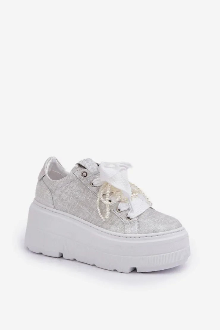Damskie CheBello Skórzane Sneakersy Na Platformie 4658 Srebrne