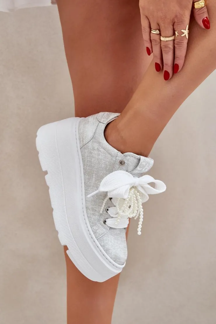 Damskie CheBello Skórzane Sneakersy Na Platformie 4658 Srebrne