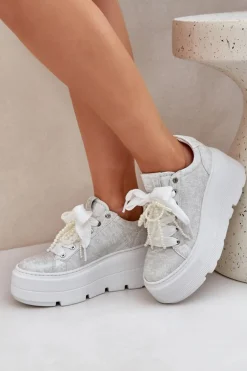 Damskie CheBello Skórzane Sneakersy Na Platformie 4658 Srebrne