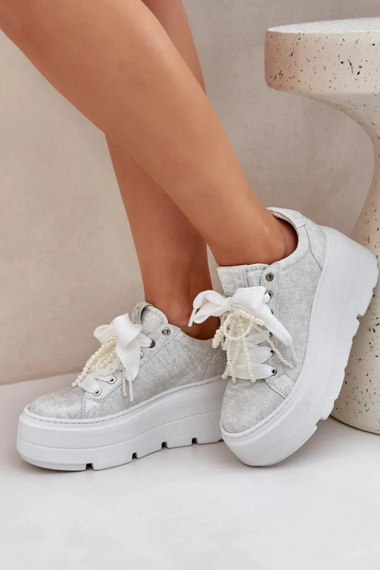 Damskie CheBello Skórzane Sneakersy Na Platformie 4658 Srebrne