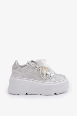 Damskie CheBello Skórzane Sneakersy Na Platformie 4658 Srebrne