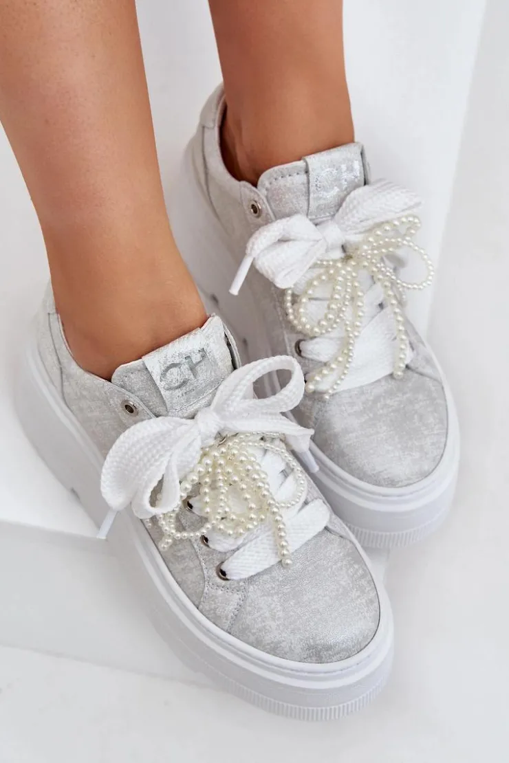 Damskie CheBello Skórzane Sneakersy Na Platformie 4658 Srebrne
