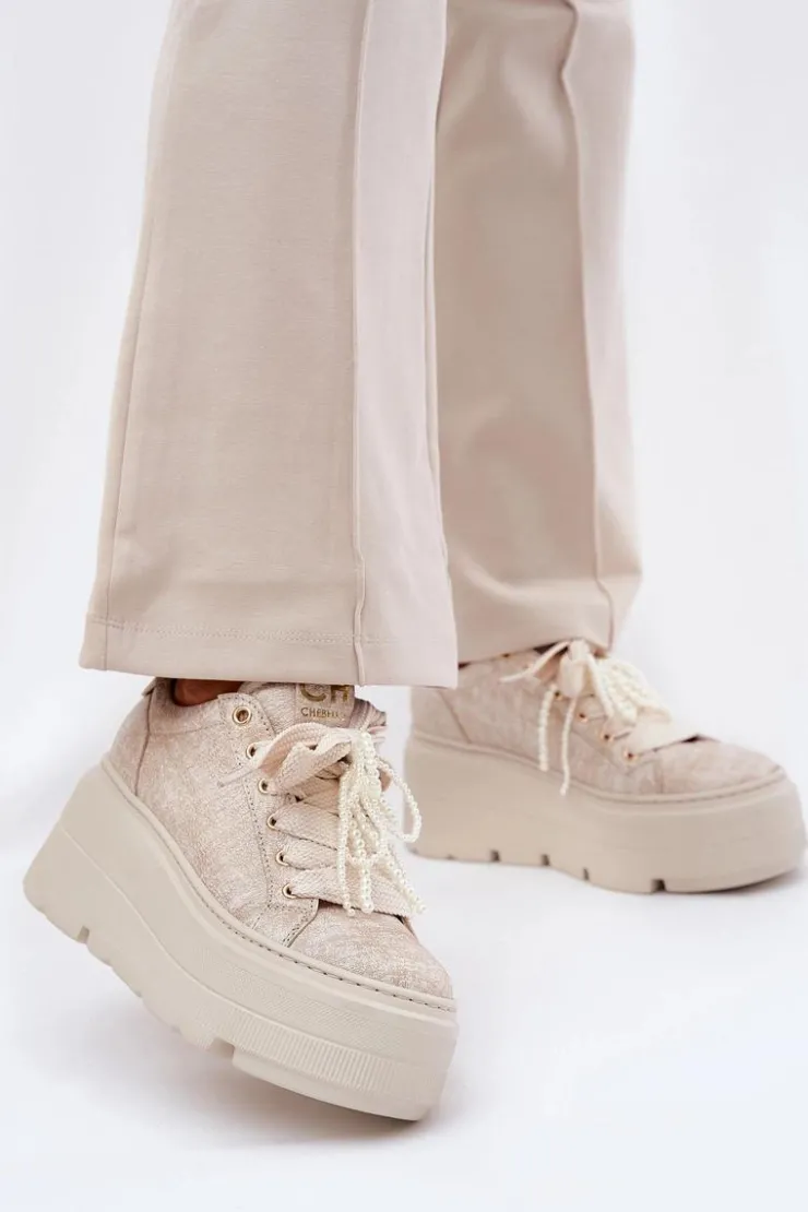 CheBello Buty Sportowe Na Platformie*Skórzane Sneakersy Na Platformie 4658 Złote