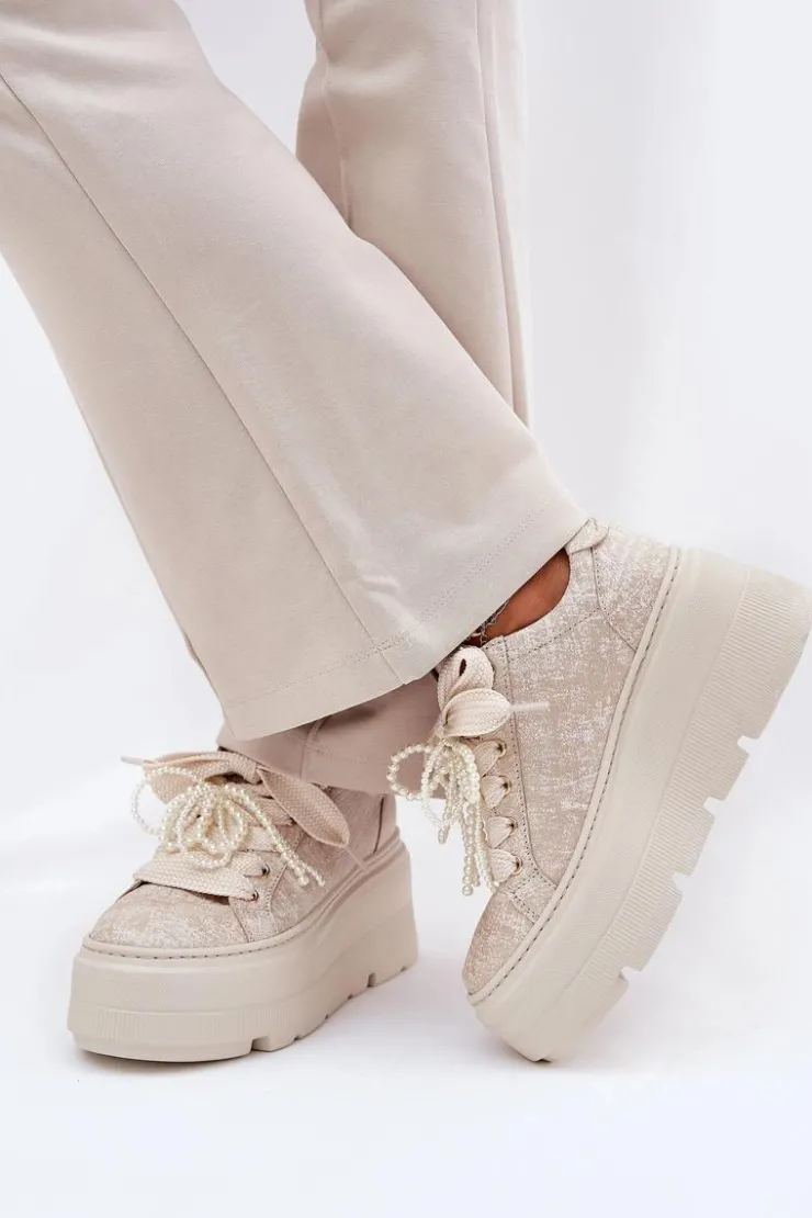 CheBello Buty Sportowe Na Platformie*Skórzane Sneakersy Na Platformie 4658 Złote