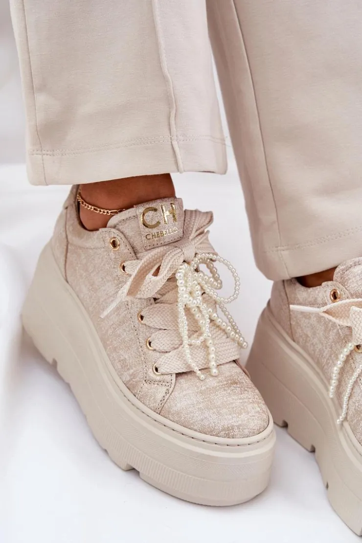 CheBello Buty Sportowe Na Platformie*Skórzane Sneakersy Na Platformie 4658 Złote
