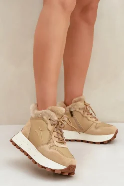 Online Big Star Shoes Skórzane Sneakersy Trapery Damskie Z Futerkiem Na Platformie Big Star OO274A330 Beżowe Beżowy