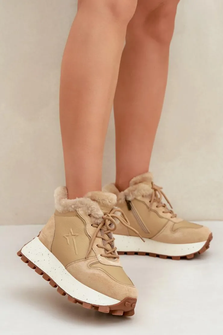 Online Big Star Shoes Skórzane Sneakersy Trapery Damskie Z Futerkiem Na Platformie Big Star OO274A330 Beżowe Beżowy