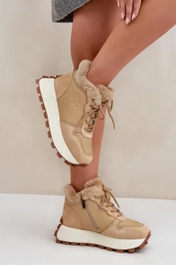 Online Big Star Shoes Skórzane Sneakersy Trapery Damskie Z Futerkiem Na Platformie Big Star OO274A330 Beżowe Beżowy