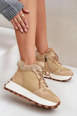 Online Big Star Shoes Skórzane Sneakersy Trapery Damskie Z Futerkiem Na Platformie Big Star OO274A330 Beżowe Beżowy