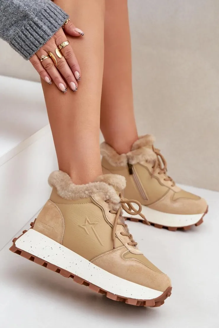 Online Big Star Shoes Skórzane Sneakersy Trapery Damskie Z Futerkiem Na Platformie Big Star OO274A330 Beżowe Beżowy