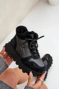 Big Star Shoes Buty Sportowe Big Star|Sneakersy Damskie*Skórzane Sneakersy Trapery Damskie Z Futerkiem Na Platformie Big Star OO274A329 Czarne Czarny