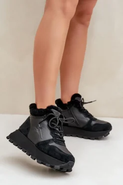 Big Star Shoes Buty Sportowe Big Star|Sneakersy Damskie*Skórzane Sneakersy Trapery Damskie Z Futerkiem Na Platformie Big Star OO274A329 Czarne Czarny