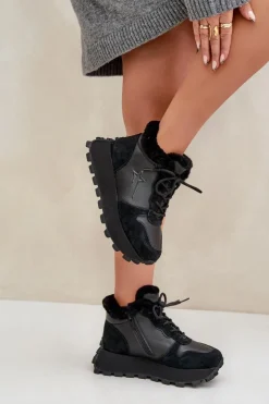 Big Star Shoes Buty Sportowe Big Star|Sneakersy Damskie*Skórzane Sneakersy Trapery Damskie Z Futerkiem Na Platformie Big Star OO274A329 Czarne Czarny