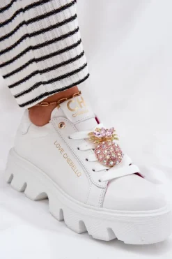 Outlet CheBello Skórzane Sneakersy Z Ozdobną Broszką Ananas 4651 Białe