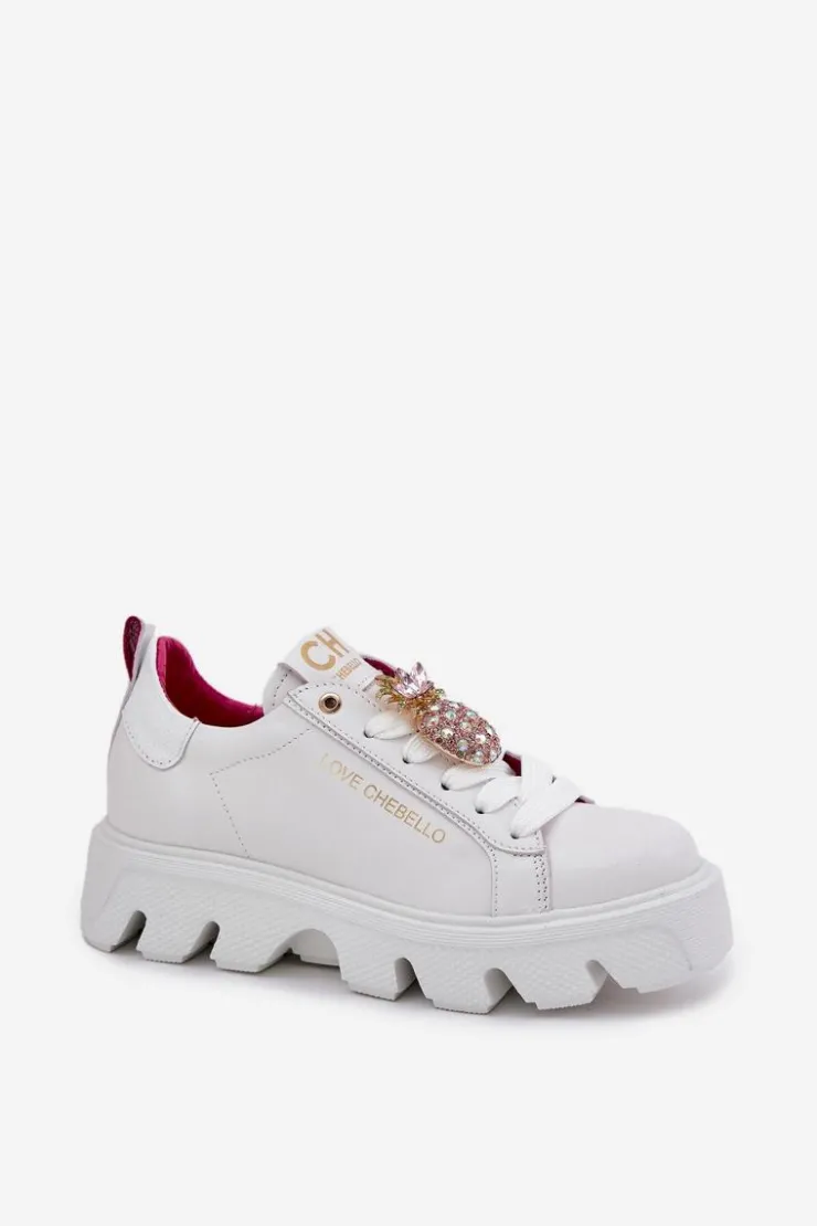 Outlet CheBello Skórzane Sneakersy Z Ozdobną Broszką Ananas 4651 Białe