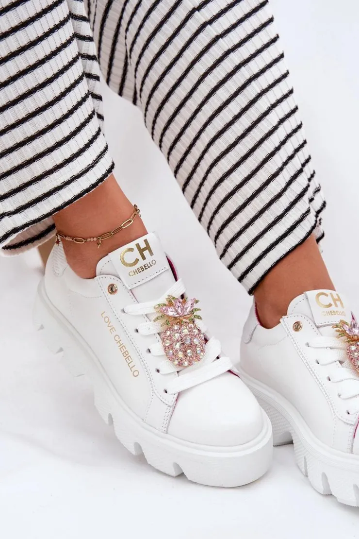 Outlet CheBello Skórzane Sneakersy Z Ozdobną Broszką Ananas 4651 Białe