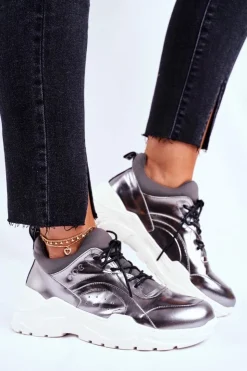 GOE Buty Sportowe Na Platformie|Botki Skórzane*Skórzane Sportowe Buty Sneakersy GG2N3040 Srebrne Srebrny