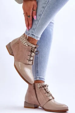 Best Maciejka Skórzane Sznurowane Botki 05953-04 Beżowe