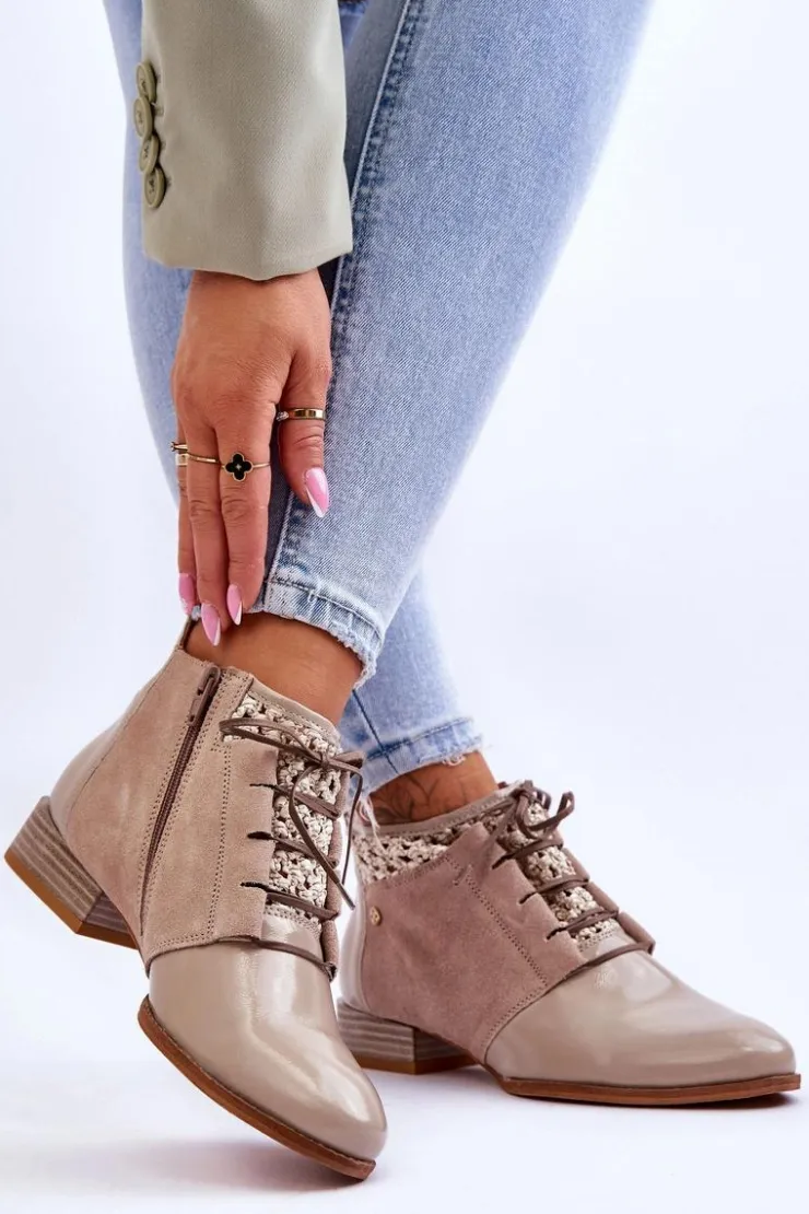 Best Maciejka Skórzane Sznurowane Botki 05953-04 Beżowe