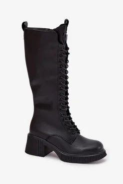 Damskie Buty damskie Vinceza Skórzane Sznurowane Kozaki Na Klocku Ocieplane Vinceza 66804 Czarne