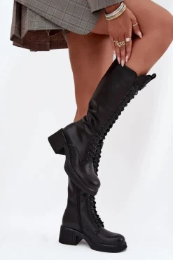 Damskie Buty damskie Vinceza Skórzane Sznurowane Kozaki Na Klocku Ocieplane Vinceza 66804 Czarne