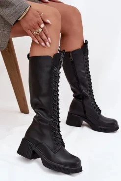 Damskie Buty damskie Vinceza Skórzane Sznurowane Kozaki Na Klocku Ocieplane Vinceza 66804 Czarne