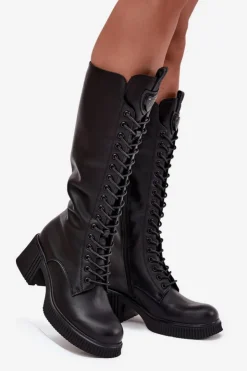 Damskie Buty damskie Vinceza Skórzane Sznurowane Kozaki Na Klocku Ocieplane Vinceza 66804 Czarne