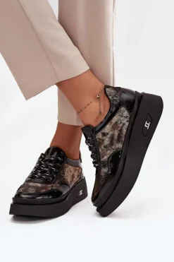 Discount Artiker Skórzane Sznurowane Półbuty Damskie Na Platformie 57C2042 Czarno-Złote Czarny