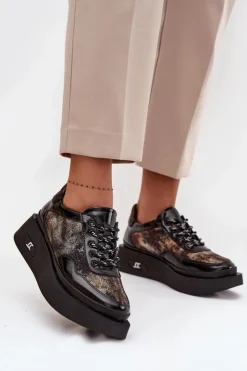 Discount Artiker Skórzane Sznurowane Półbuty Damskie Na Platformie 57C2042 Czarno-Złote Czarny