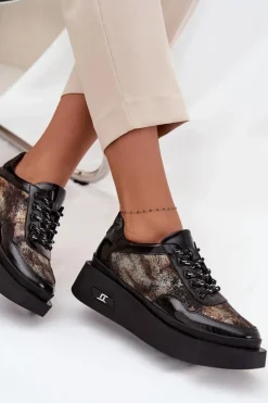 Discount Artiker Skórzane Sznurowane Półbuty Damskie Na Platformie 57C2042 Czarno-Złote Czarny