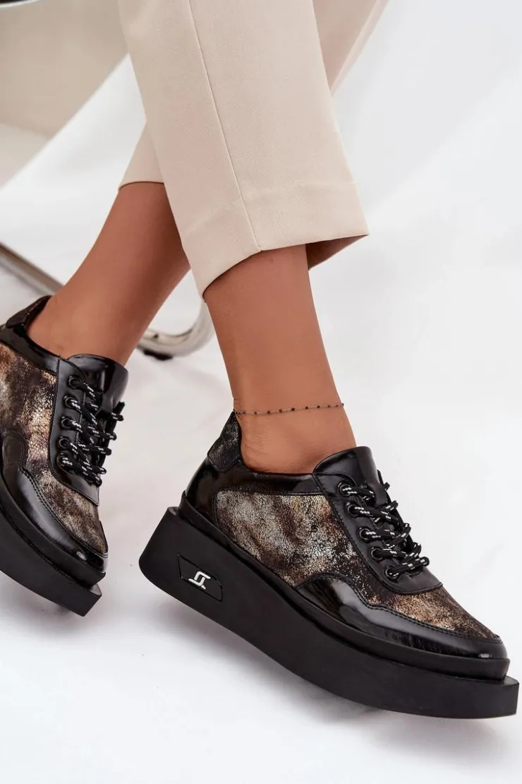 Discount Artiker Skórzane Sznurowane Półbuty Damskie Na Platformie 57C2042 Czarno-Złote Czarny