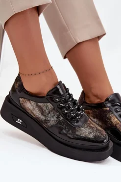 Discount Artiker Skórzane Sznurowane Półbuty Damskie Na Platformie 57C2042 Czarno-Złote Czarny
