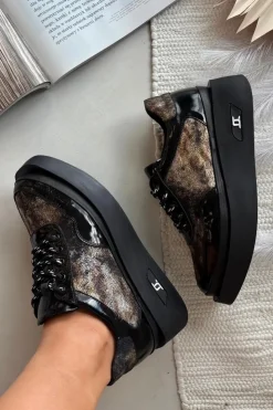 Discount Artiker Skórzane Sznurowane Półbuty Damskie Na Platformie 57C2042 Czarno-Złote Czarny