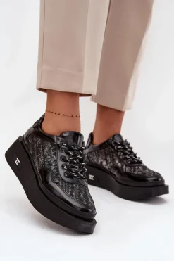 Damskie Artiker Skórzane Sznurowane Półbuty Damskie Na Platformie 57C2043 Czarno-Srebrne