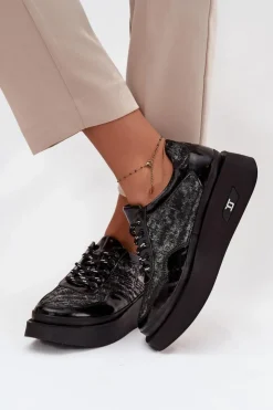 Damskie Artiker Skórzane Sznurowane Półbuty Damskie Na Platformie 57C2043 Czarno-Srebrne