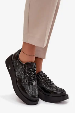 Damskie Artiker Skórzane Sznurowane Półbuty Damskie Na Platformie 57C2043 Czarno-Srebrne
