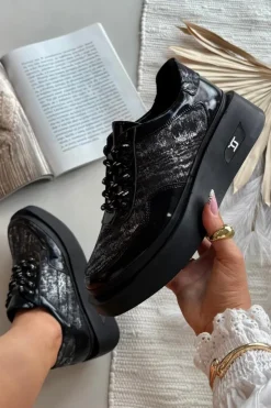 Damskie Artiker Skórzane Sznurowane Półbuty Damskie Na Platformie 57C2043 Czarno-Srebrne