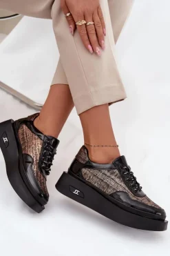 Artiker Buty Sportowe Na Platformie|Półbuty Skórzane*Skórzane Sznurowane Półbuty Damskie Na Platformie 57C2044 Czarne Czarny